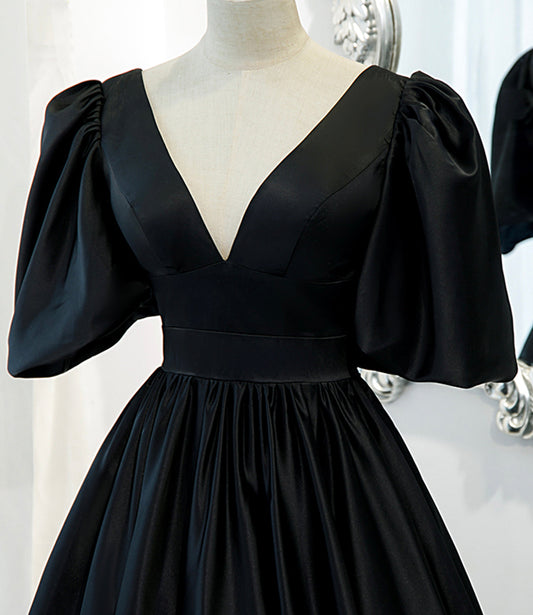 Black v neck satin long A line prom dress evening dress 8846