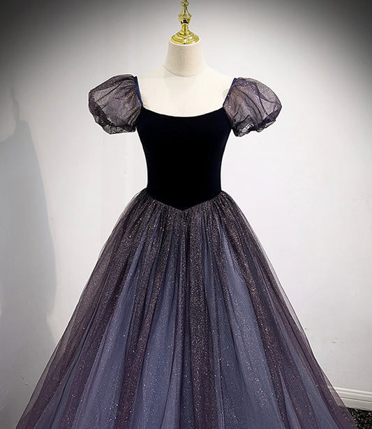 Black and purple tulle long prom dress evening dress 8879