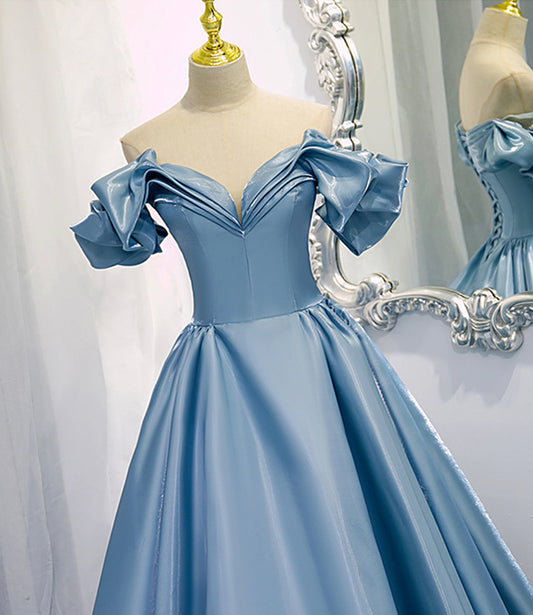 Shiny satin long A line prom dress blue evening dress 8845