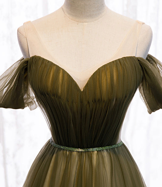 Green tulle long A line prom dress green evening dress 8929
