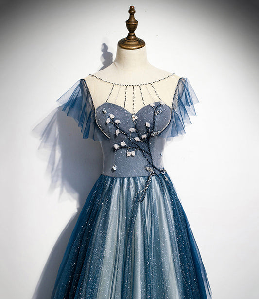 Blue tulle long A line prom dress blue evening dress 8928