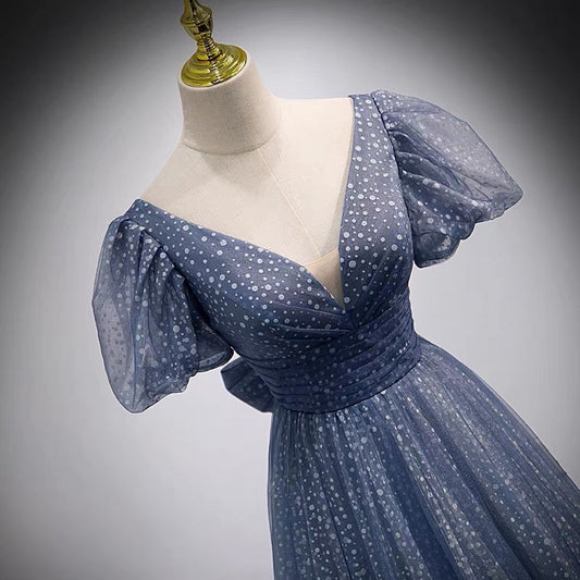 Blue v neck tulle long prom dress blue evening dress 8957