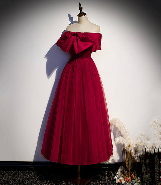 Burgundy tulle short A line prom dress party dress 8838