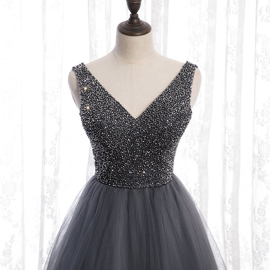 Gray v neck tulle beads long prom dress 8159
