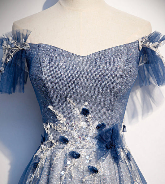 Shiny tulle sequins long prom dress blue evening dress 8429
