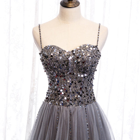 Gray tulle sequins long prom dress 8158