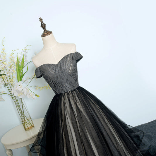 Black tulle long prom dress evening dress 8283