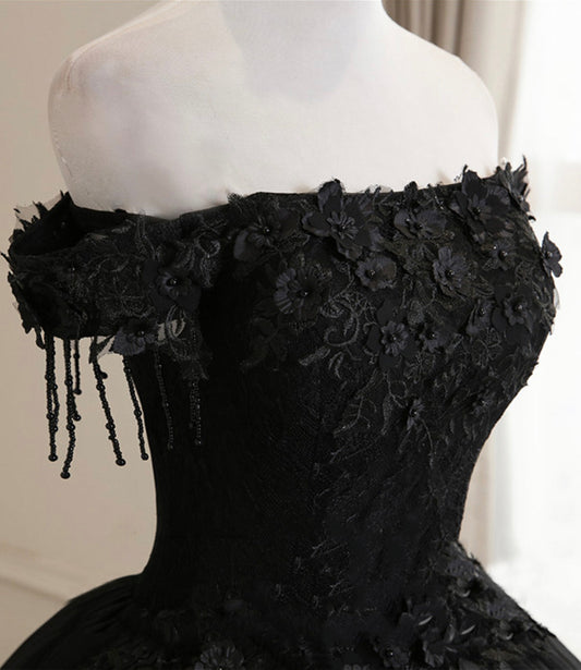 Black tulle lace long ball gown dress formal dress 8931