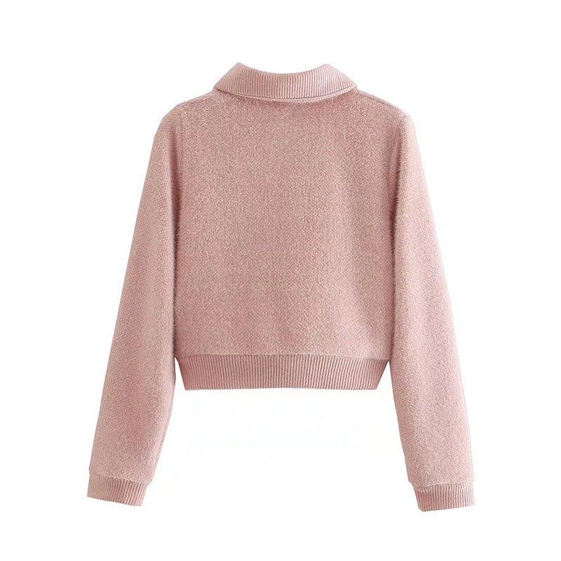 Sweet polo collar embroidered sweater cardigan coat 7738