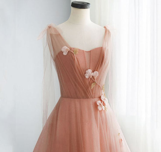 Pink tulle lace long prom dress, pink evening dress 7892