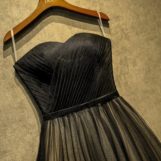 Black sweetheart neck tulle long prom dress, black evening dress 7926
