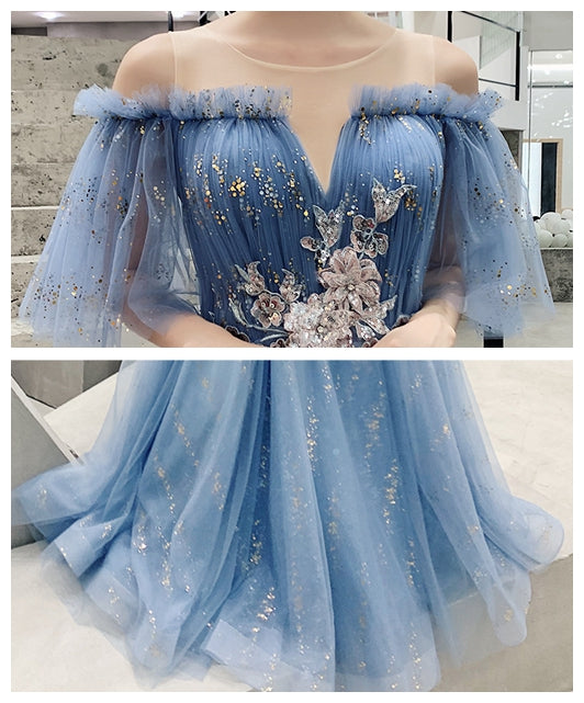 Blue tulle sequins long prom dress evening dress 8322