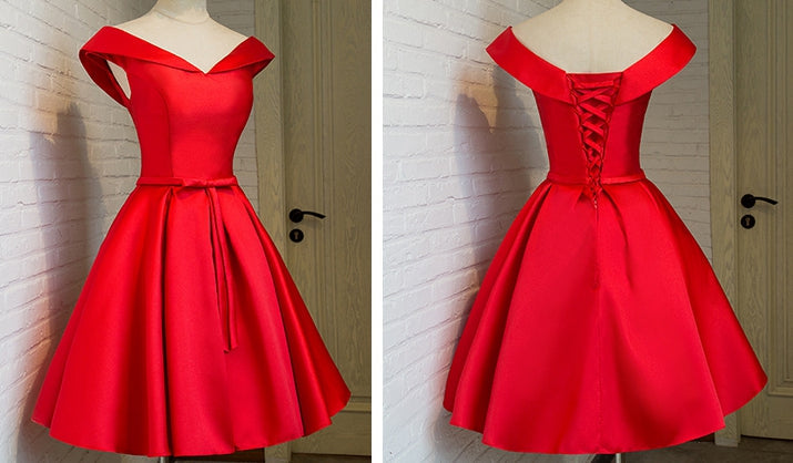 Cute off shoulder satin short prom dress,homecoming dresses 7644