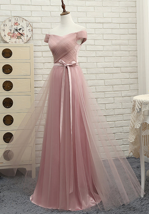 Pink tulle off shoulder A line long prom dress, pink evening dresses 7795