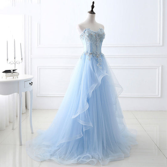 Blue tulle lace long prom dress, blue lace evening dress 8039