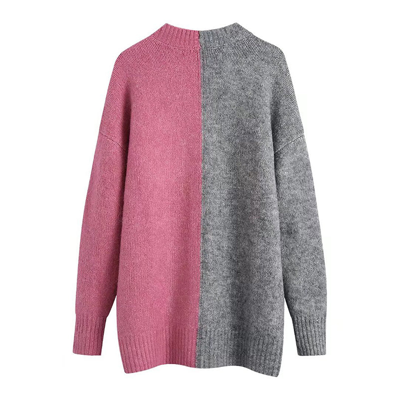 Versatile V-Neck long sleeve contrast stitched knit coat 7731