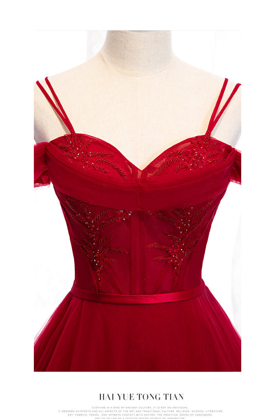 Burgundy tulle long prom dress evening dress 8261