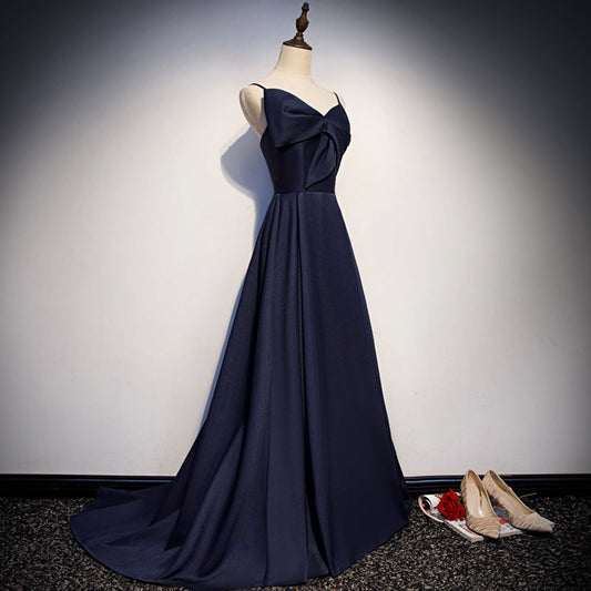 Dark blue satin long prom dress, simple evening dress 8074