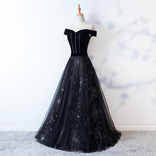 Black tulle velvet long prom dress, evening dress 7992
