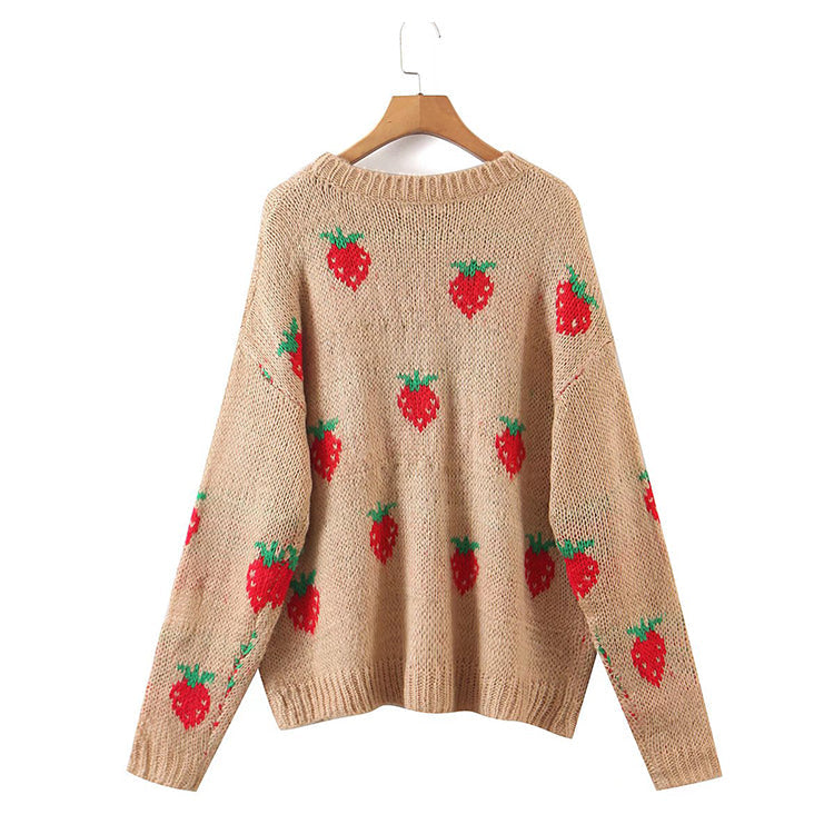 Strawberry jacquard mohair sweater loose round neck top 7743