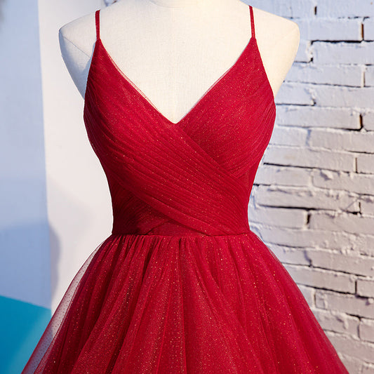 Burgundy v neck tulle long prom dress, evening dress 7985
