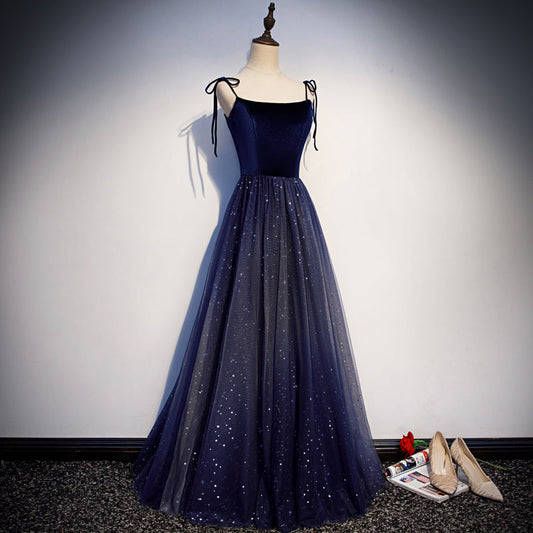 Blue tulle velvet long prom dress, blue evening dress 7914