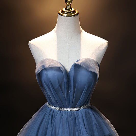 Blue tulle long A line prom dress blue evening dress 8909