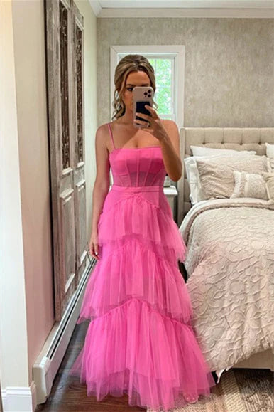 Straps Tulle A-Line Sheer Empire Tiered Prom Party Dress