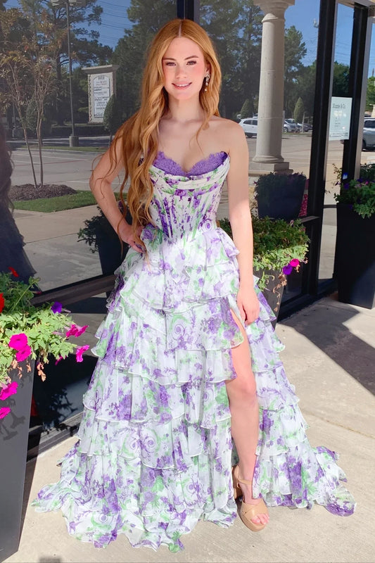 Dreamy Pink Floral Print Corset Chiffon Ruffle Prom Dress