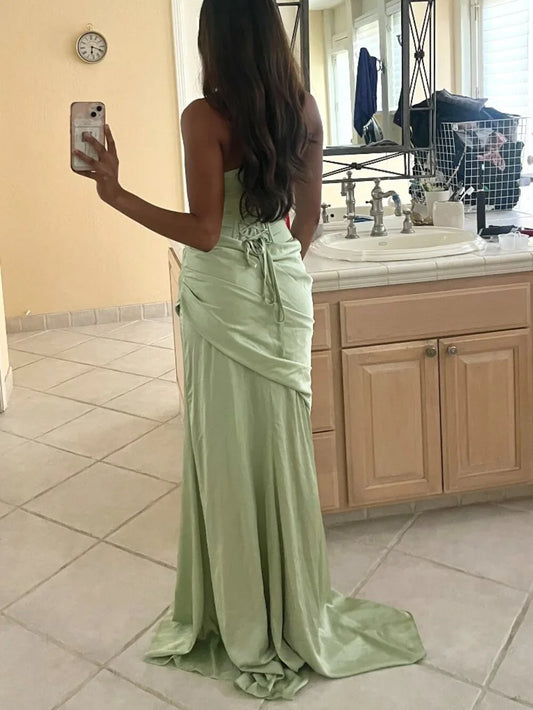 Vintage Sage Green Satin Strapless Corset Draped Mermaid Prom Dress TP5825