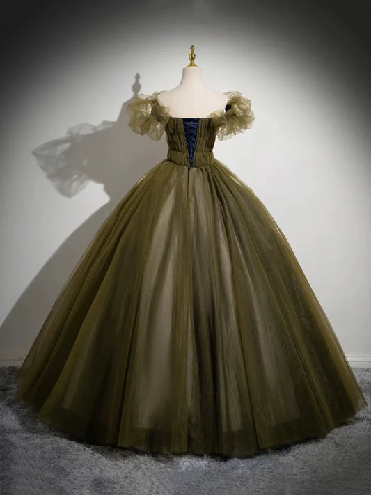 Elegant Off the Shoulder Floor Length Prom Dress, Green A-Line Tulle Formal Party Dress TP119