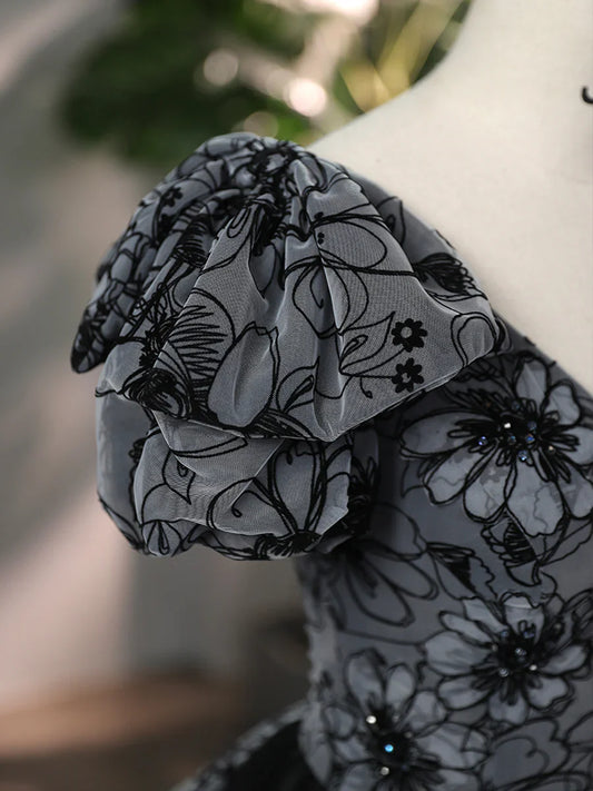 Beautiful Black Rhinestone Flower Prom Dress, Black V-Neck Short Sleeve Evening Dress TP256