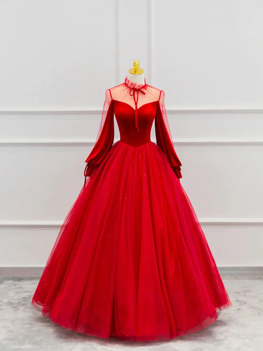 Red Velvet Tulle Floor Length Prom Dress, Beautiful Long Sleeve Evening Party Dress TP263