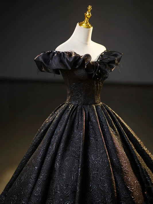 Black V-Neck Floor Length Formal Dress, A-Line Off the Shoulder Evening Party Dress TP269