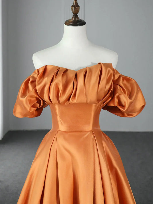 Orange Floor Length Satin Long Prom Dress, Off the Shoulder Evening Party Dress TP285