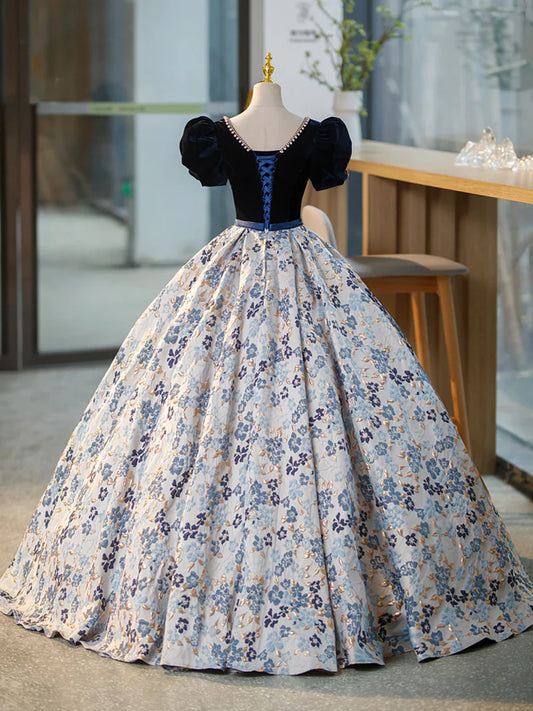 Blue V-Neck Short Sleeve Ball Gown, Blue A-Line Velvet Floor Length Evening Dress TP308