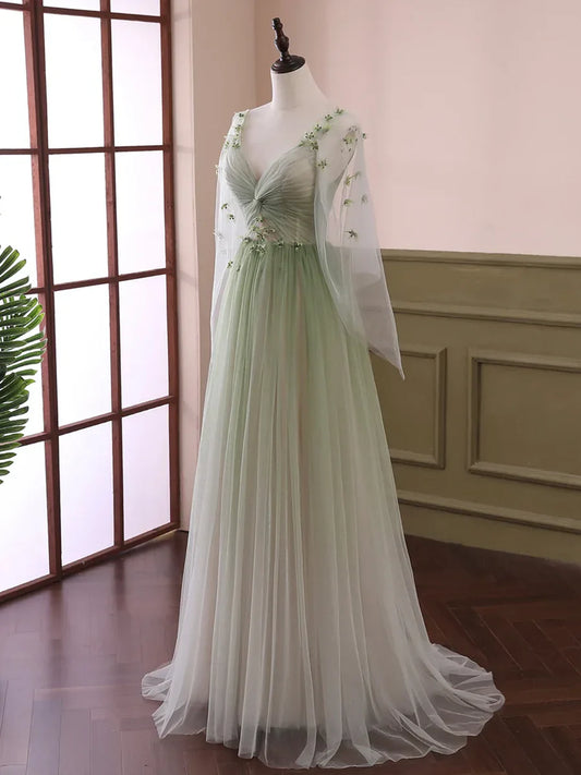 Light Green Tulle Long Sleeve Prom Dress, Green Gradient Floor Length Evening Dress TP320