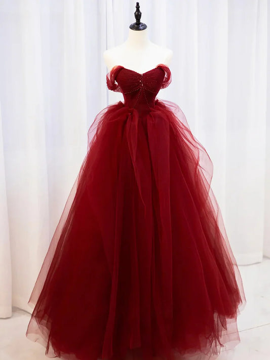 Burgundy Sweetheart Tulle Long Prom Dress with Beaded, Burgundy Party Dress TP325