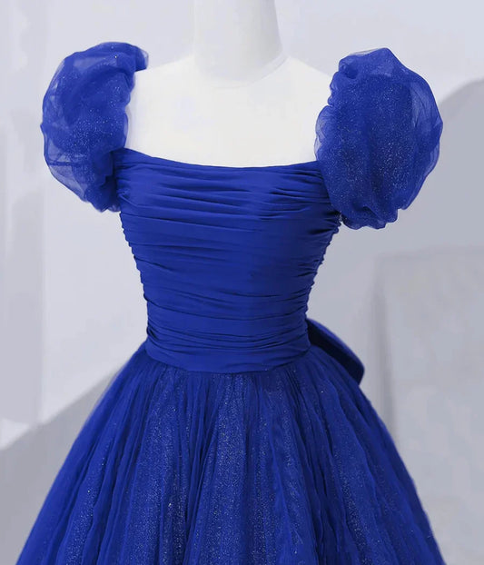 Vintage Royal Blue Puff-Sleeve Square-Neck Ruched Bodice Glitter Tulle Sweet 15 Quinceanera Ball Gown TP327