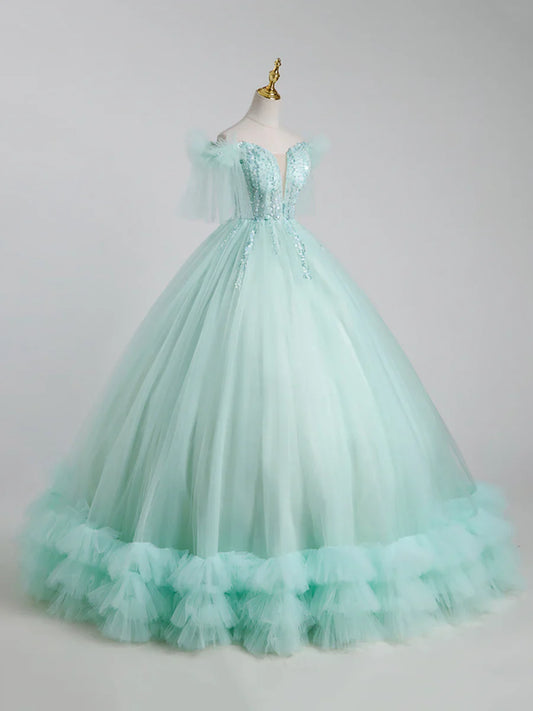 Beautiful Tulle Sequins Long Ball Gown, A-Line Tulle Sweet 16 Dress TP338