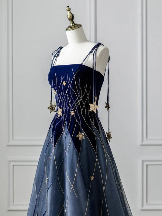 Blue Spaghetti Strap Velvet Long Prom Dress with Star, Blue Evening Dress Party Dress TP340