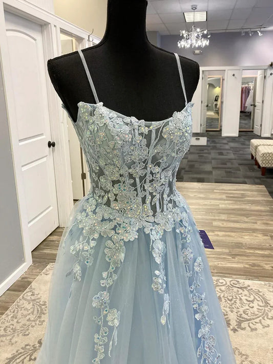 Blue Spaghetti Strap Tulle Long Prom Dress with Lace, A-Line Evening Party Dress TP344