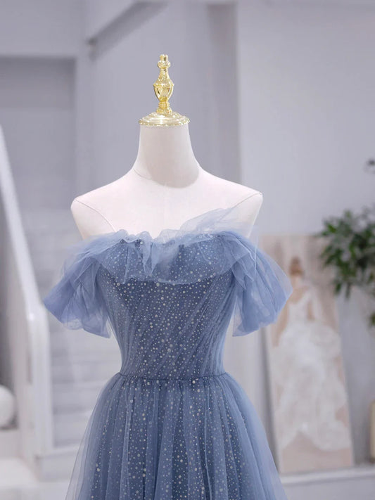Blue Strapless Tulle Long Prom Dress, Blue A-Line Evening Dress TP358