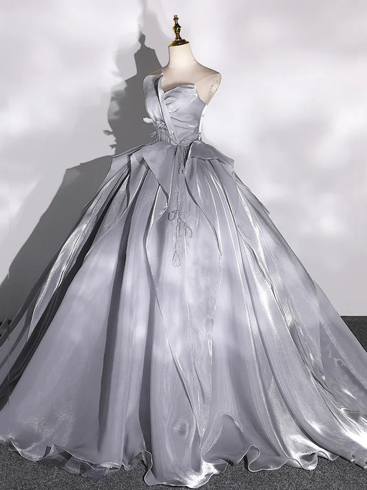 Gray Strapless Tulle Long Ball Gown, A-Line Evening Dress Formal Dress TP365