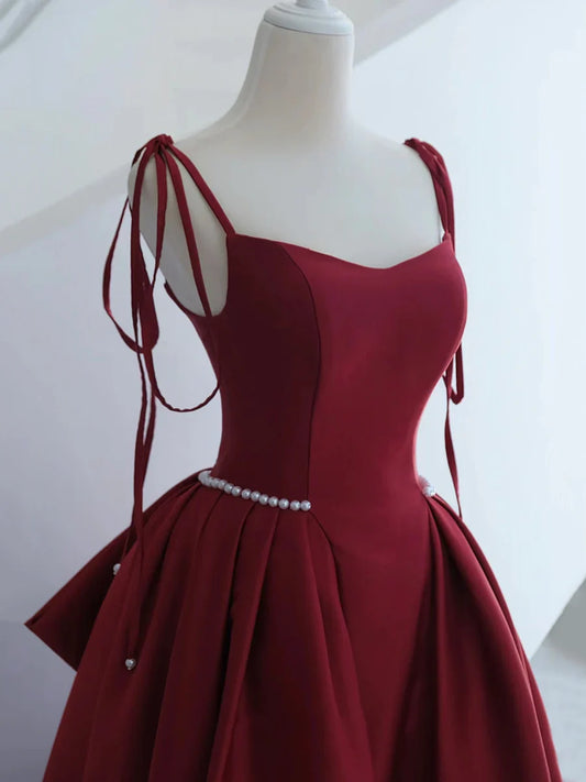 Burgundy Satin Long Prom Dress, A-Line Evening Dress with Bow TP373