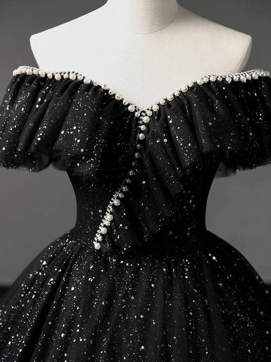 Black Tulle Long A-Line Prom Dress, Shiny Off Shoulder Evening Dress TP385