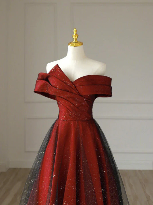 Burgundy Satin Long V-Neck Prom Dress, Off the Shoulder Party Dress TP430