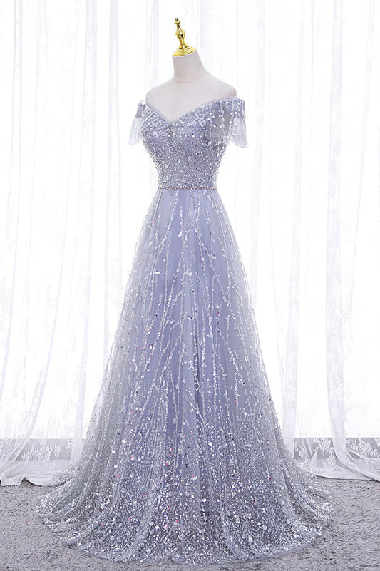 A-Line Tulle Sequins Long Prom Dress, Off the Shoulder Evening Party Dress TP514