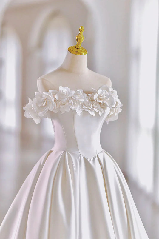 Vintage White Off-the-Shoulder Satin 3D Flower Bodice Back Bow Train Wedding Dress TP539
