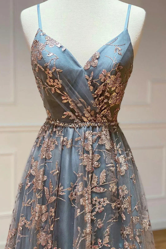 Grey Tulle Sequins Long Prom Dresses, A-Line Spaghetti Straps Evening Dresses TP685